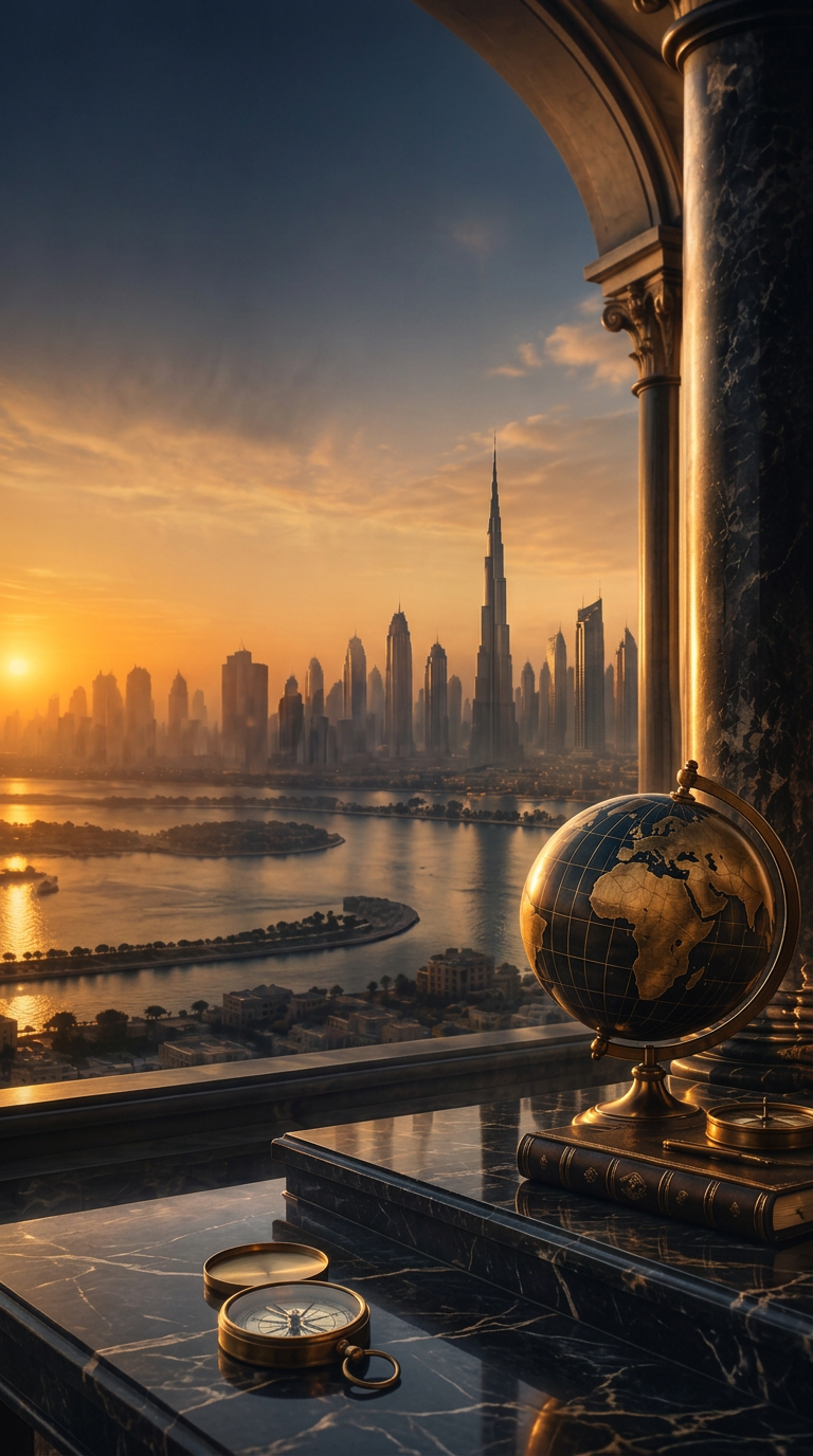 Marble column and antique globe overlooking the Dubai skyline at golden hour